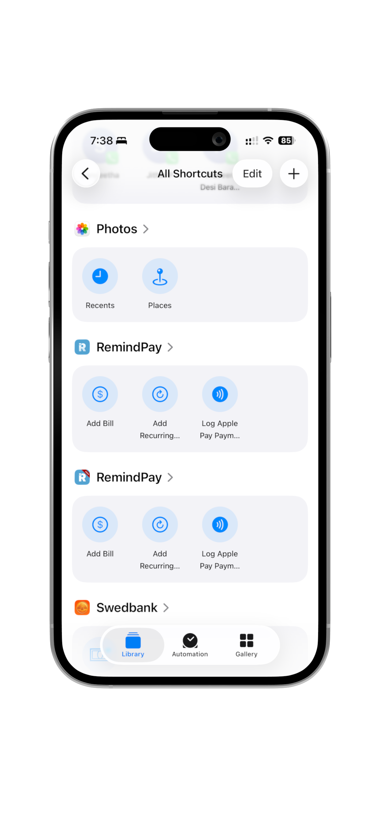 RemindPay actions in the Shortcuts app