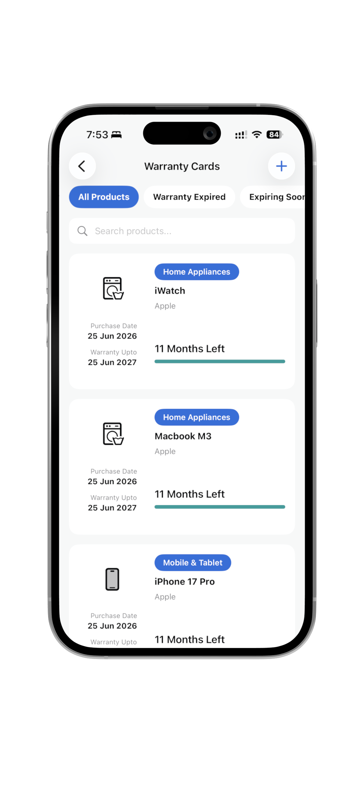 Warranty Cards screen in RemindPay